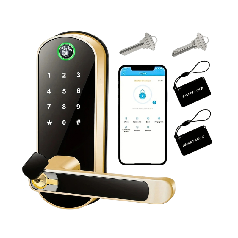 Smartlock con sensore di impronta, tastiera touch, app smartphone, 2 chiavi fisiche e 2 tessere NFC per accesso remoto.