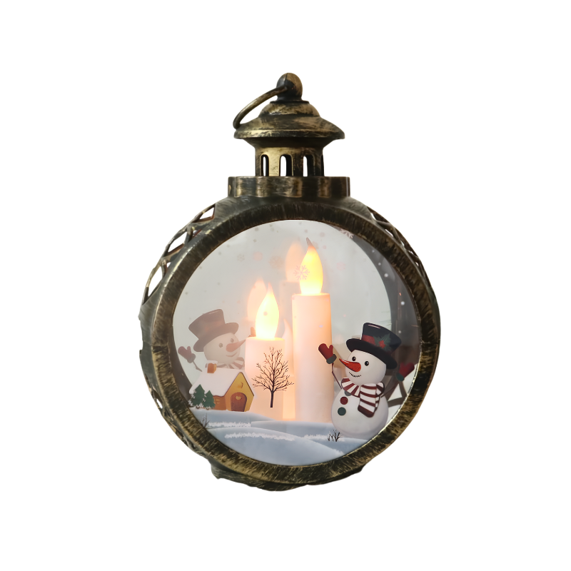 Lanterna rotonda in bronzo con decorazione natalizia, pupazzo di neve e candele LED illuminate.