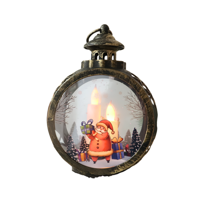 Lanterna natalizia rotonda con cornice bronzo vintage, illustrazione di Babbo Natale con regali e candele LED illuminate.