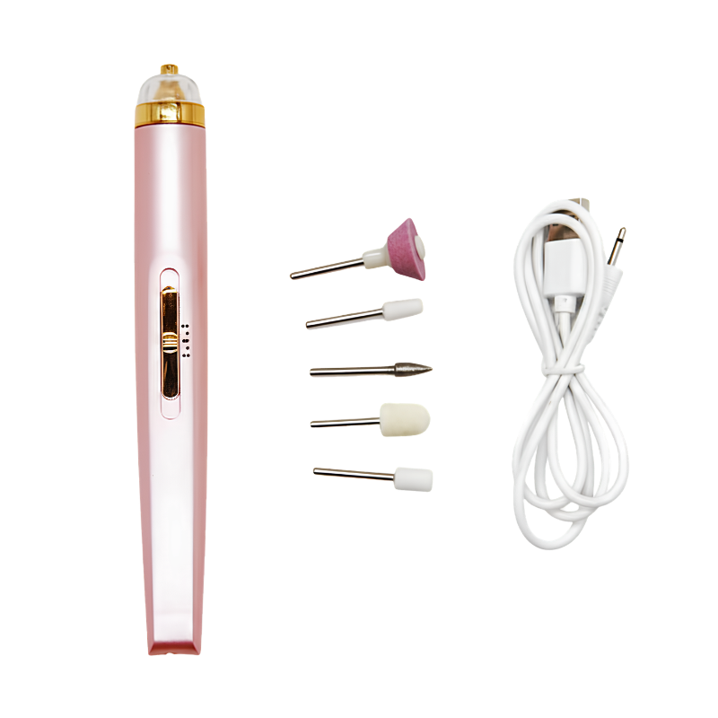 Set fresa elettrica 5in1 color rosa, portatile con ricarica USB, testa LED e cinque punte intercambiabili per manicure e pedicure.
