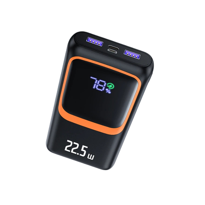 Power bank portatile nero con bordo orange, display digitale LED al 78% e ricarica rapida 22.5W per Samsung e iPhone.