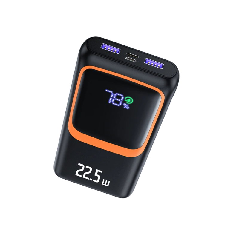 Power bank portatile nero con bordo orange, display digitale LED al 78% e ricarica rapida 22.5W per Samsung e iPhone.