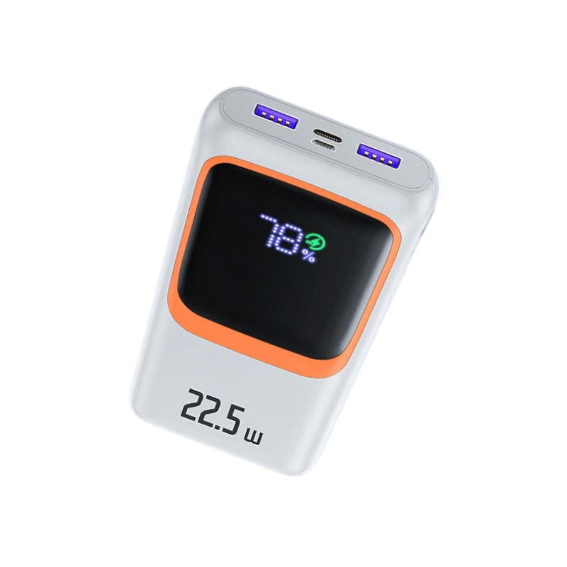 Power bank portatile 22.5W con display LED digitale che mostra la carica residua al 78%, dotato di porte USB per ricarica rapida.