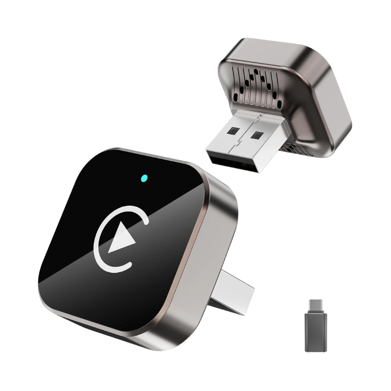 Adattatore wireless CarPlay compatibile con sistemi iOS e Android, piccola dimensione, plug and play, connessione rapida e stabile con porta USB-C.