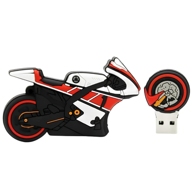 Chiavetta USB a forma di moto sportiva rossa e bianca, con design creativo e connettore estraibile per archiviazione compatta.
