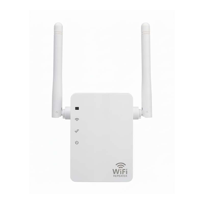 Amplificatore Segnale WiFi 300Mbps bianco, antenna doppia, chip MTK7628KN, estensione segnale fino a 300 metri.