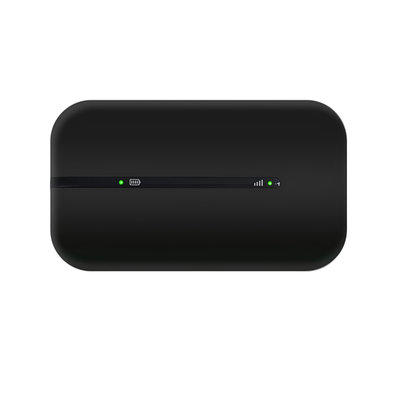 Router wireless 4G portatile con batteria al litio, velocità 150Mbps, design nero con indicatori LED luminosità segnale e batteria.