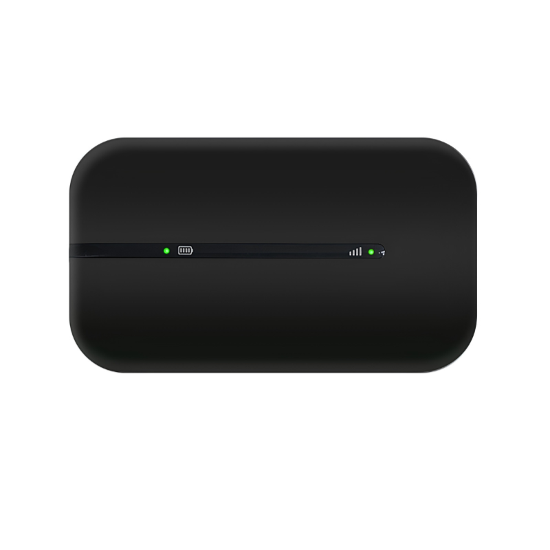 Router wireless 4G portatile con batteria al litio, velocità 150Mbps, design nero con indicatori LED luminosità segnale e batteria.