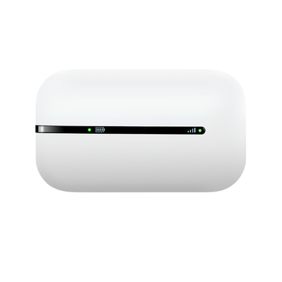 Mini router wireless 4G bianco, batteria al litio, velocidade 150Mbps, indicatori LED verde.
