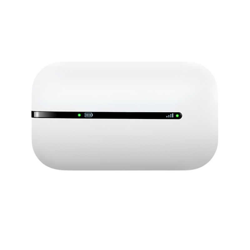 Mini router wireless 4G bianco, batteria al litio, velocidade 150Mbps, indicatori LED verde.
