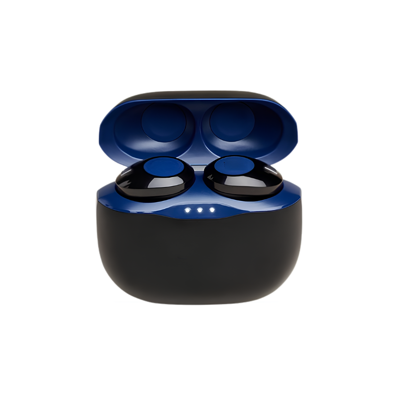 Cuffie wireless TWS bluetooth blu e nere con microfono in custodia di ricarica, ideali per musica, sport e viaggi.