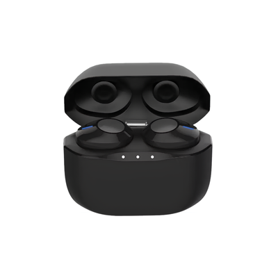 Cuffie wireless TWS nere con microfono e custodia di ricarica, ideali per sport, viaggi e musica tramite Bluetooth.