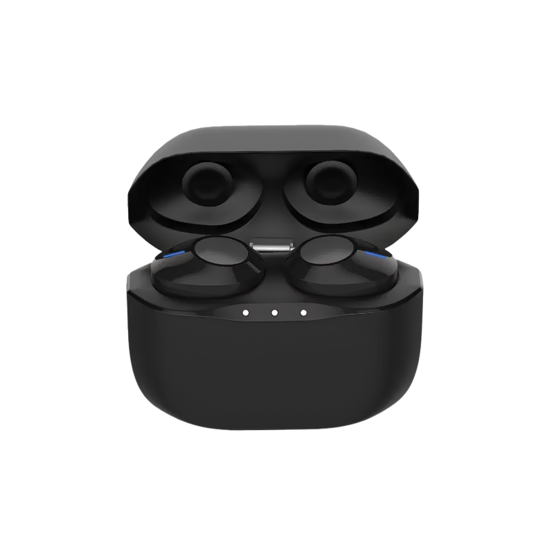 Cuffie wireless TWS nere con microfono e custodia di ricarica, ideali per sport, viaggi e musica tramite Bluetooth.