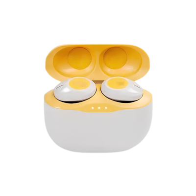 Cuffie wireless TWS bianche e gialle con custodia di ricarica, Bluetooth, microfono per musica, sport e viaggi.