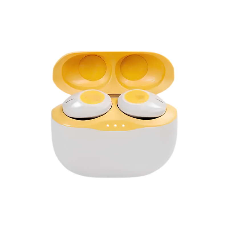 Cuffie wireless TWS bianche e gialle con custodia di ricarica, Bluetooth, microfono per musica, sport e viaggi.