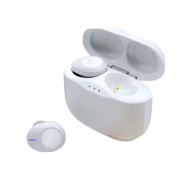 Cuffie TWS wireless bianche con microfono e custodia di ricarica, ideali per musica, sport e chiamate via Bluetooth.