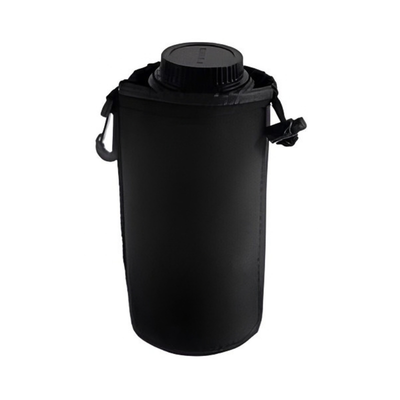 Custodia protettiva tubolare imbottita per obiettivi SLR e DSLR, nera con gancio e chiusura elastica, ideale per sicurezza e trasporto.