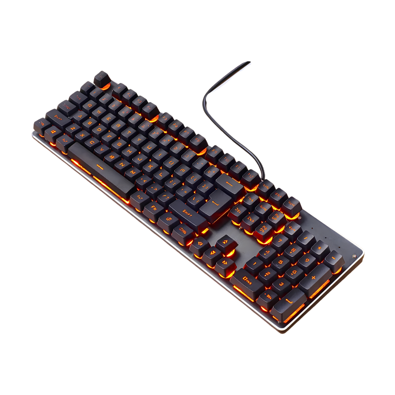 Tastiera gaming cablata 104 tasti con retroilluminazione arancione, design retro punk, connessione USB e tasti multimediali.