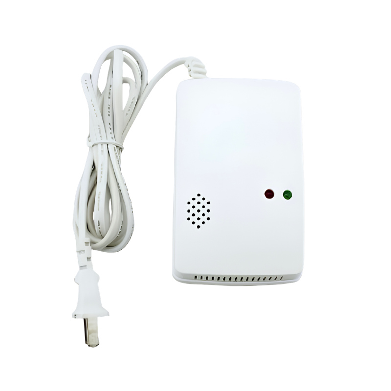 Allarme gas domestico bianco con sensore, LED rossi e verdi, alimentatore US. Ideale per cucine e hotel.