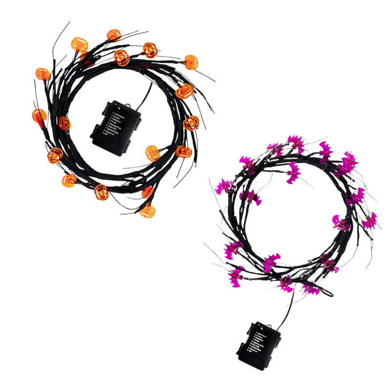 Catene LED Halloween con lampadine a forma di zucca arancioni e pipistrelli viola, ideali per decorazioni indoor e outdoor.