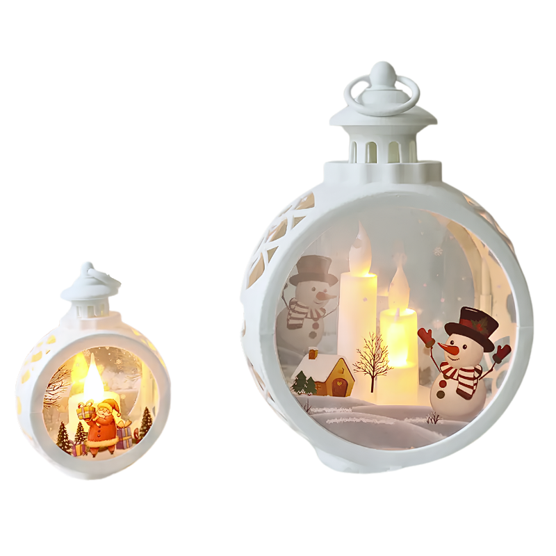 Decorazioni natalizie luminose stile retrò: lanterne bianche con Babbo Natale, pupazzí di neve e scene innevate per atmosfera festosa.