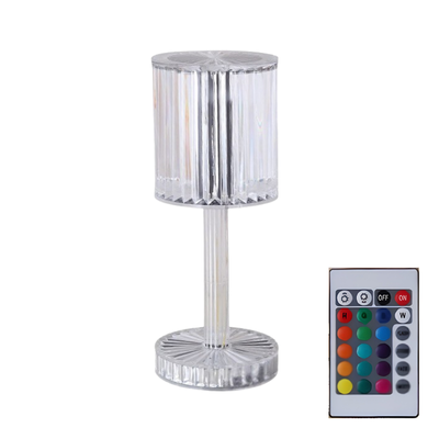 Lampada da tavolo in cristallo con telecomando RGB, luce LED calda regolabile e design elegante per decorazione domestica romantica.