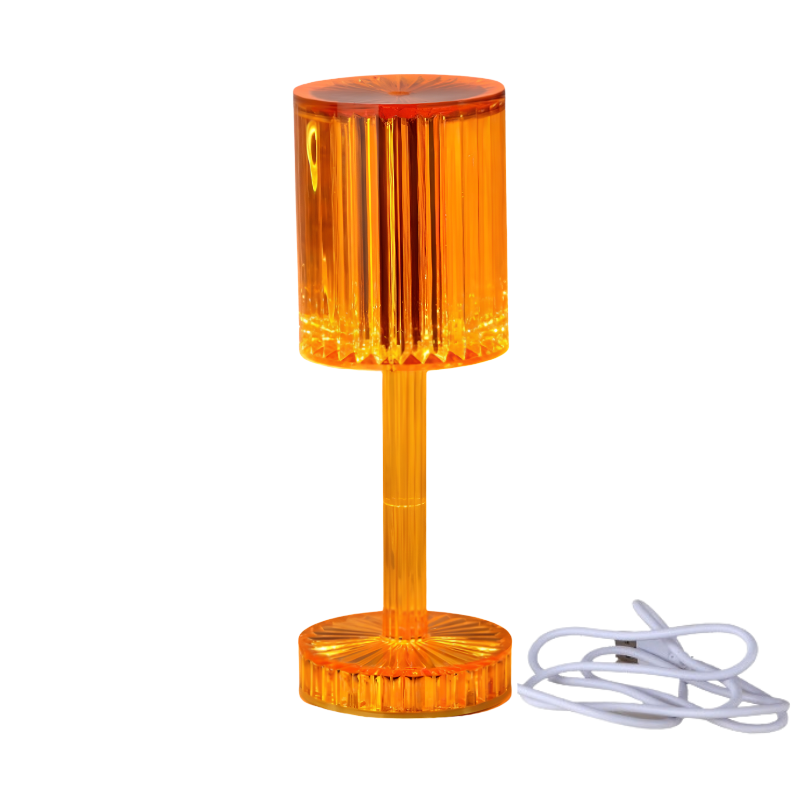 Lampada da tavolo arancione in cristallo con luce LED calda, dimmerabile a 3 livelli, ideale come illuminazione d'ambiente o regalo romantico.
