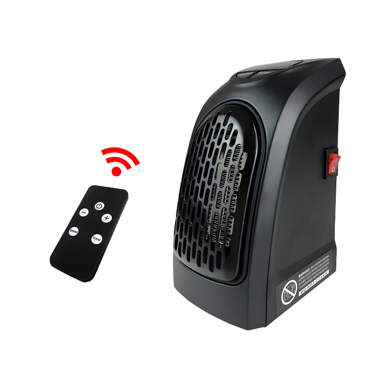 Mini riscaldatore elettrico Nero 500W con telecomando, 3 modalità, materiale ignifugo, ideale per stanze fino a 20m².