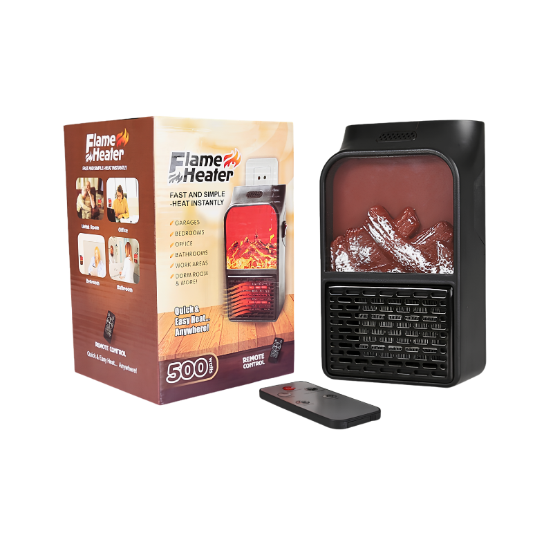 Mini riscaldatore elettrico con effetto fiamma, 500W, tre velocità, telecomando e imballo.