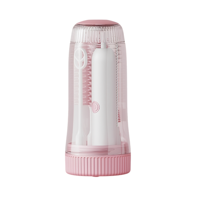 Set di pulizia elettrica rosa con sterilizzazione UV e brush per biberon, cicchetto e cannuccia in custodia trasparente.