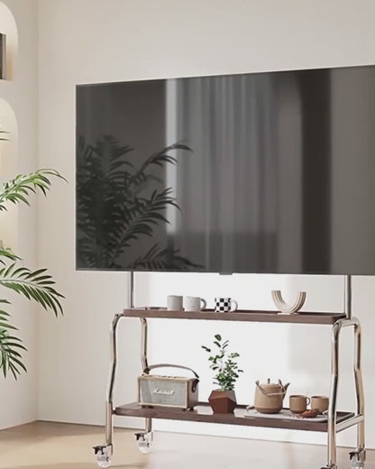 Mobile TV Ruote Girevole Comodo Pratico Resistente Acciaio Inossidabile Legno Massello Nero Marrone Accessori Arredamento Casa Salotto