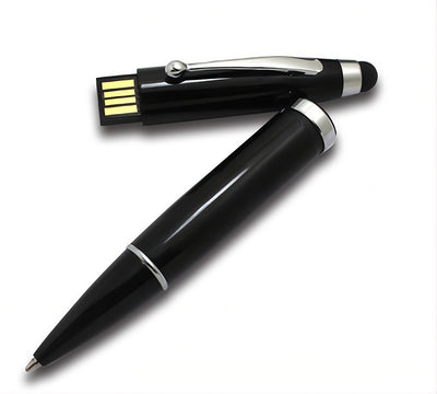 Penna 3 in 1 con USB da 32GB: stylus touchscreen, penna a sfera, chiavetta USB, rivestita in vinile nero impermeabile.